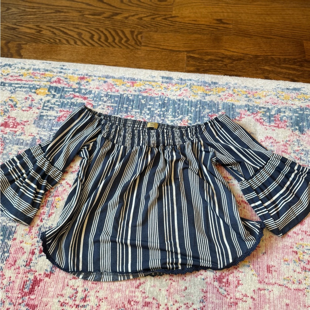 Navy and white striped off the shoulder top